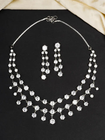 White Color Silver Plated Faux Diamond Necklace Set Base Metal