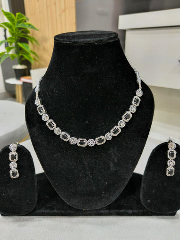 Black Rectangular AD Stones Necklace with Sleek Earrings