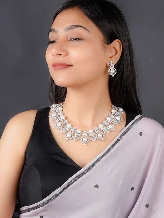 White Color Silver Plated Faux Diamond Necklace Set