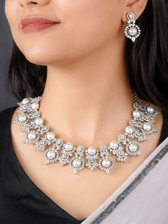 White Color Silver Plated Faux Diamond Necklace Set Silver Plated