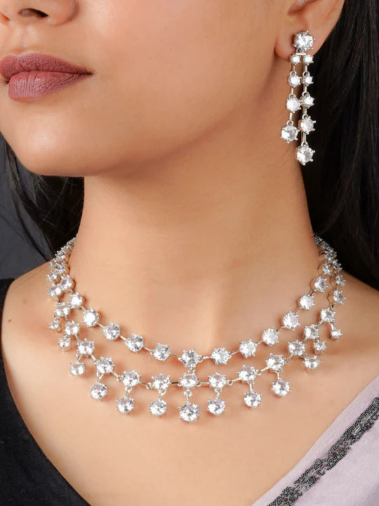 White Color Silver Plated Faux Diamond Necklace Set