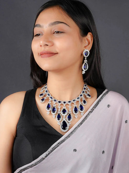 Blue Color Silver Plated Faux Diamond Necklace Set