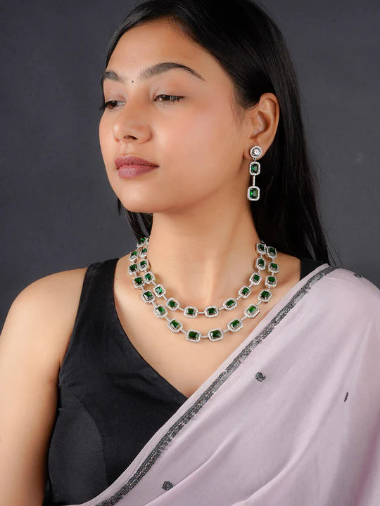 Green Color Silver Plated Faux Diamond Necklace Set