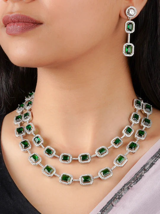 Green Color Silver Plated &  electro plated  Faux Diamond  Necklace Set