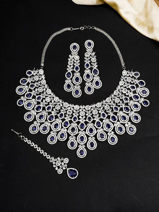 Blue Color Silver Plated Faux Diamond Necklace Set -1
