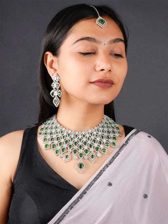 Green Color Silver Plated Faux Diamond Necklace Set