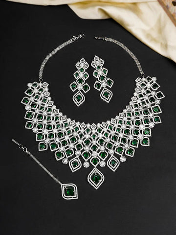 Green Color Silver Plated Faux Diamond Necklace Set