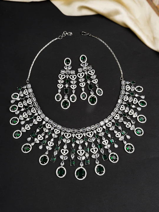 Green Color Silver Plated Faux  sparkling  Diamond Necklace Set