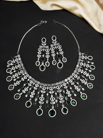 Green Color Silver Plated Faux Diamond Necklace Set