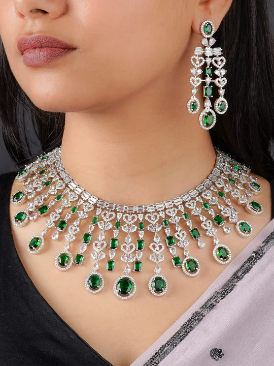 Green Color Silver Plated Faux Diamond Necklace Set