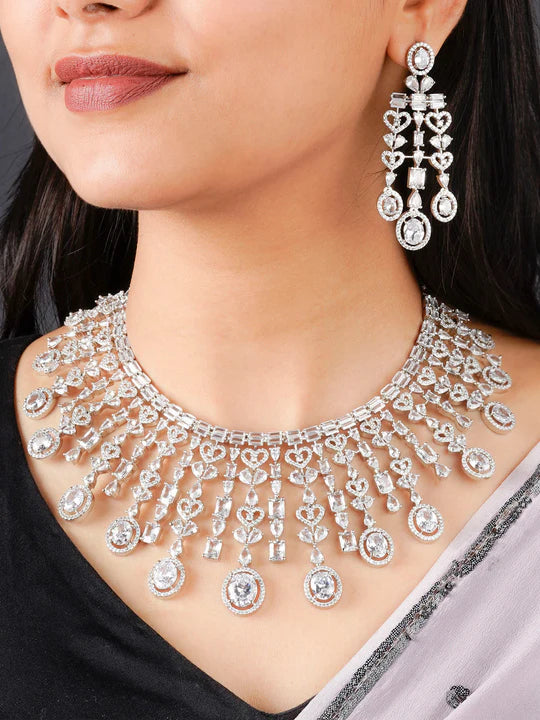 White Color Silver Plated Faux Diamond Necklace Set