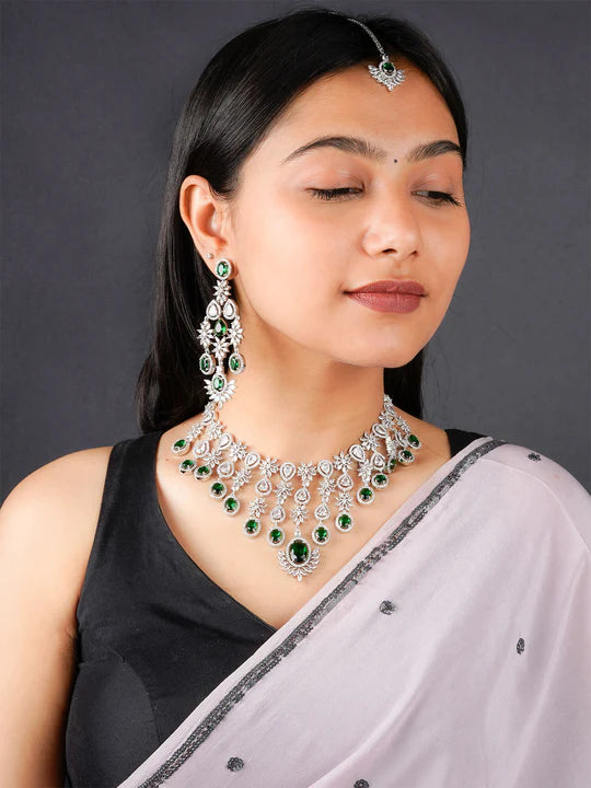 Green Color Silver Plated Faux Diamond Necklace Set