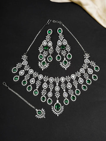 Green Color Silver Plated Faux Diamond Necklace Set