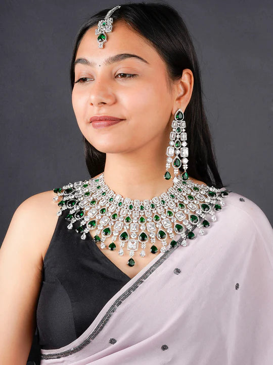 Green Color Silver Plated Faux Diamond Necklace Set