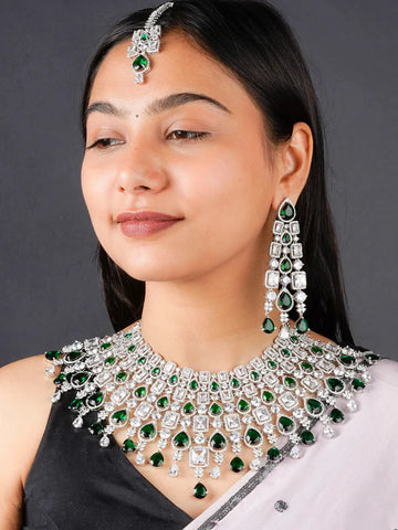 Green Color Silver Plated Faux Diamond Necklace Set