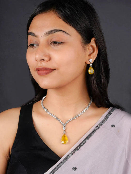 Yellow Color Silver Plated Faux Diamond Necklace Set