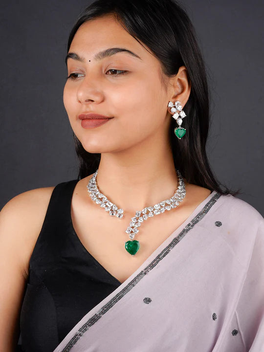 Green Color Silver Plated Faux Diamond Necklace Set