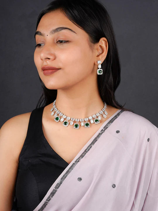 Green Color Silver Plated Faux Diamond Necklace Set