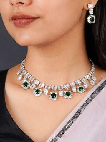 Green Color Silver Plated Faux Diamond Necklace Set