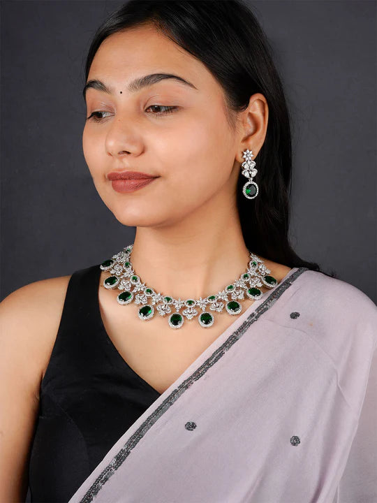 Green Color Silver Plated Faux Diamond Necklace Set