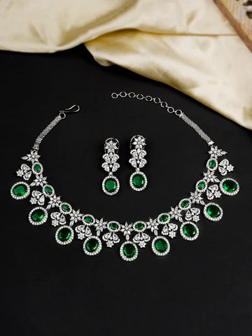 Green Color Silver Plated Faux Diamond Necklace Set