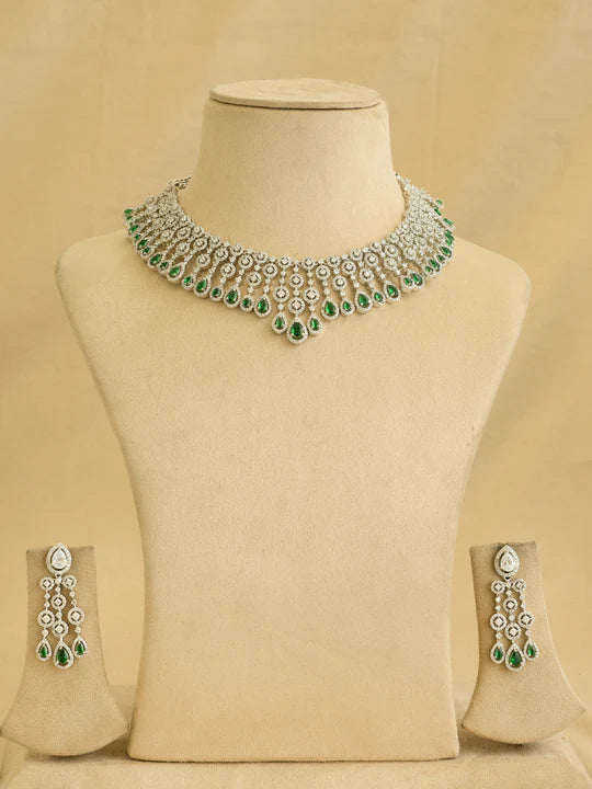 Green Color Silver Plated Faux Diamond Necklace Set