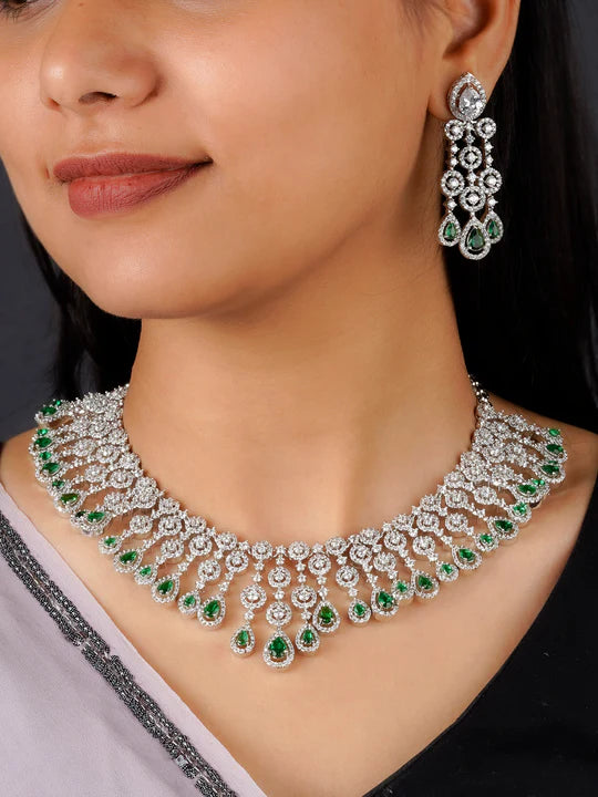 Green Color Silver Plated Faux Diamond  bright diamanté  Necklace Set