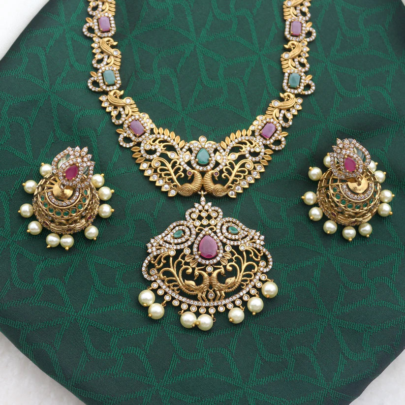 Antique Matte Rettapakshi AD Bridal Necklace Set