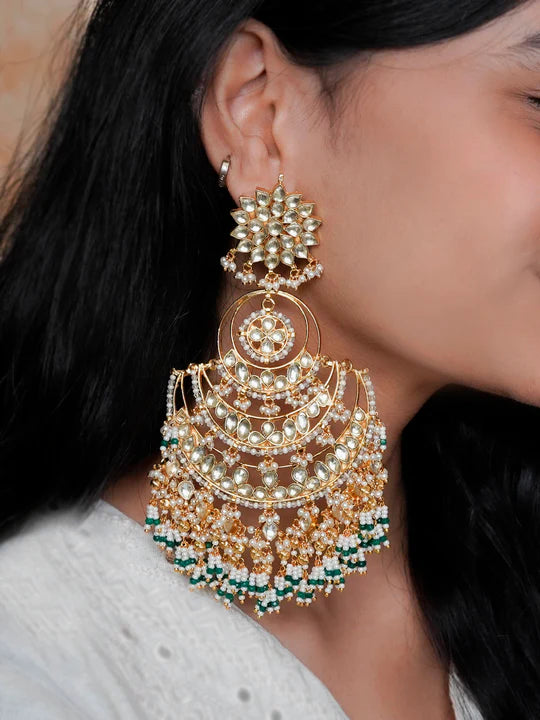 Green Color Gold Plated Jadau Kundan Earrings