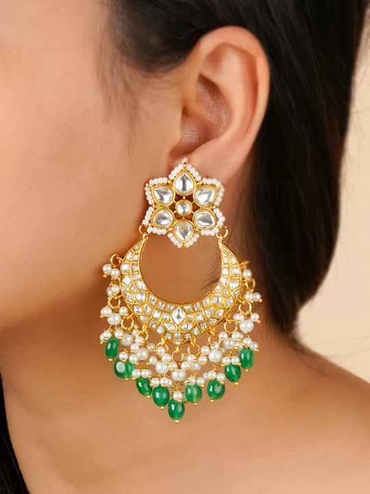 Green Color Gold Plated Thappa Jadau Kundan Earrings