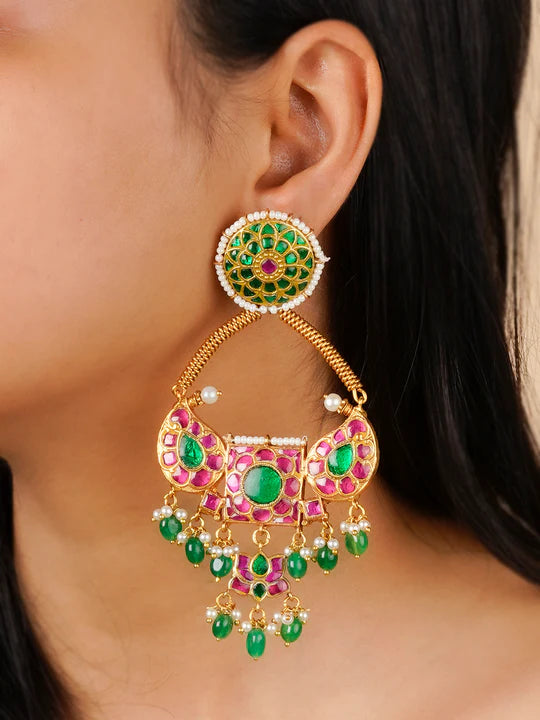 Multicolor Gold Plated Thappa Jadau Kundan Earrings