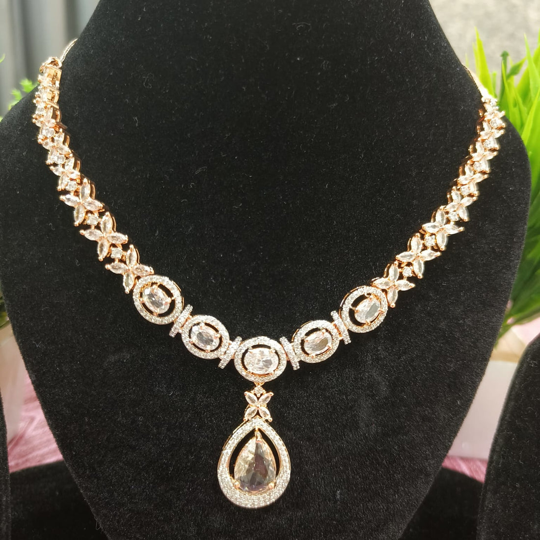 Rose Gold Pendant Set with Crystal Clear Stoned Earrings