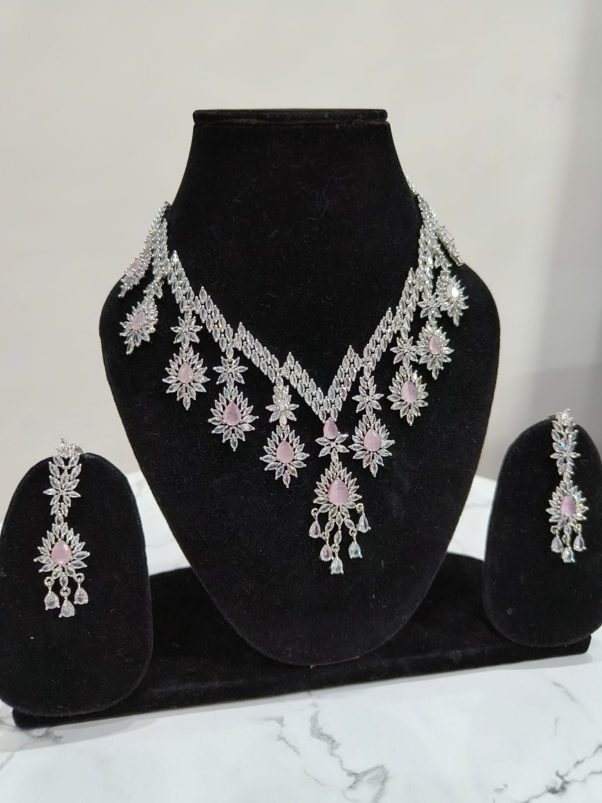 Party-Wear Shiny Star-Cut Mint Pink Stones AD Necklace