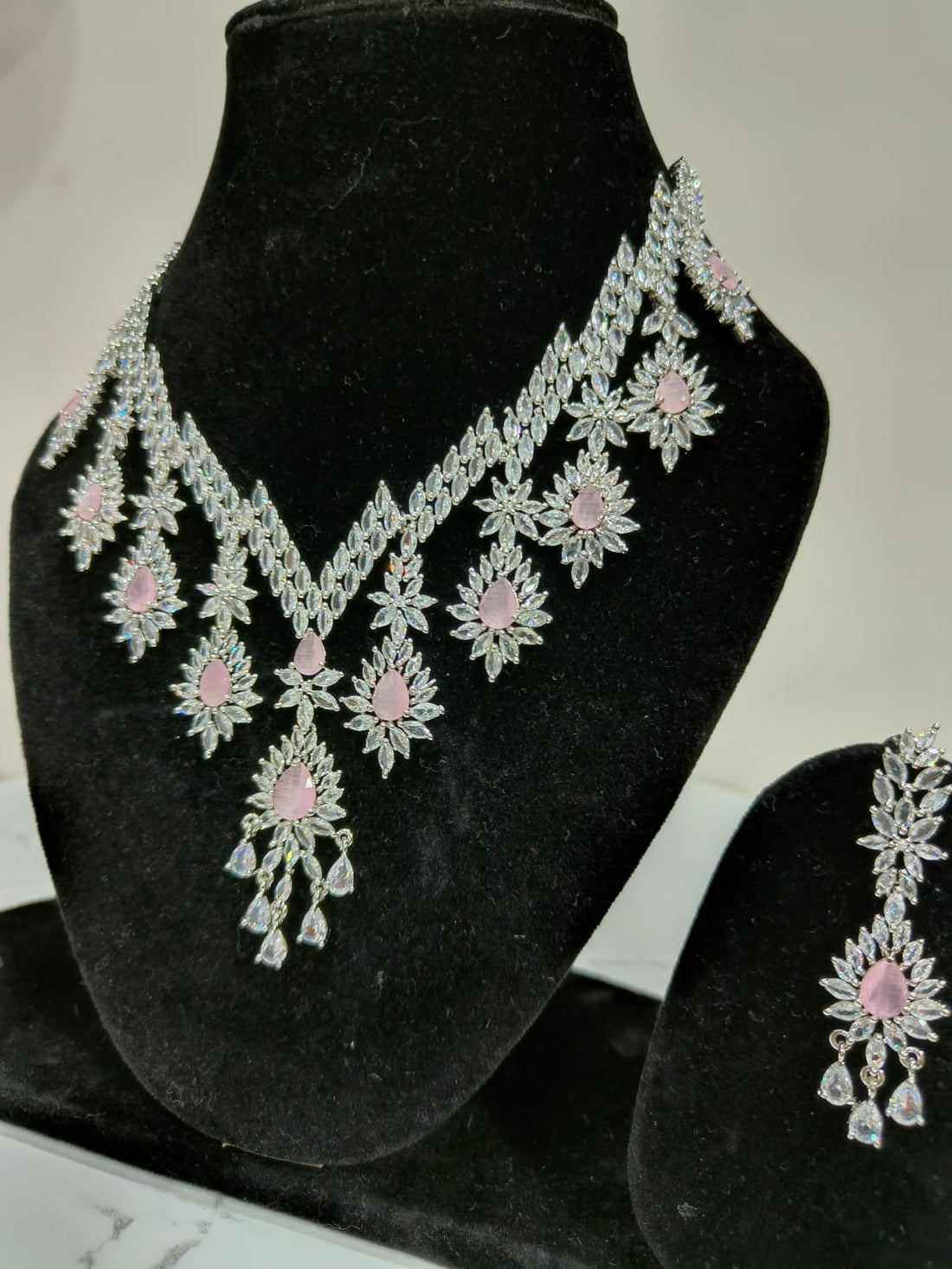 Party-Wear Shiny Star-Cut Mint Pink Stones AD Necklace